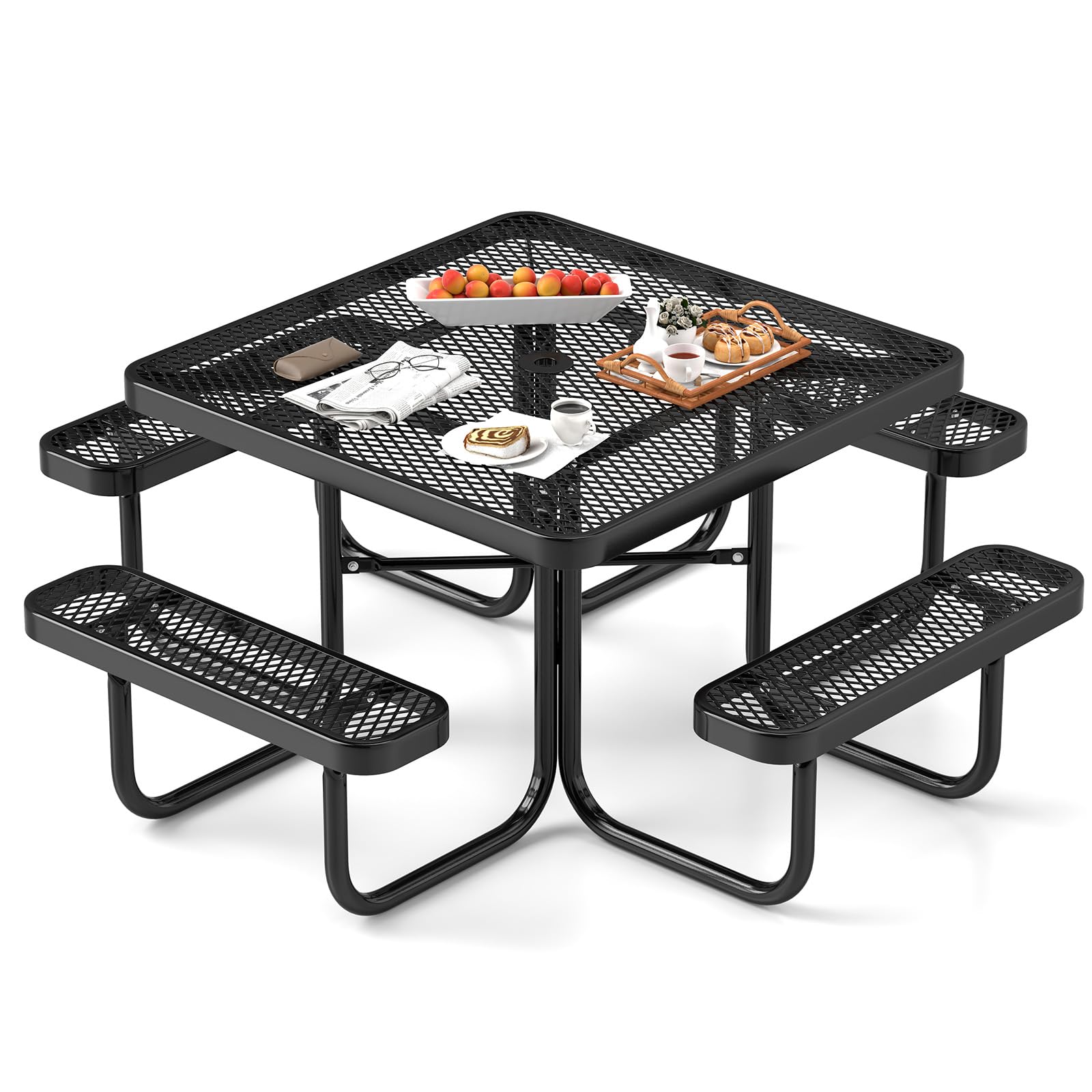 Table de pique-nique Tangkula 8 personnes, table de pique-nique d'extérieur carrée de qualité commerciale avec 4 bancs intégrés